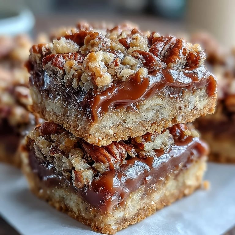 A close-up of Decadent Sweet and Chewy Turtle Bars showcasing toasted pecans and caramel swirls.