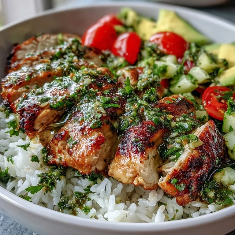 Sliced, juicy chimichurri chicken rests atop a bed of fluffy rice with diced cucumbers, red onions, cherry tomatoes, and avocado in a vibrant bowl.