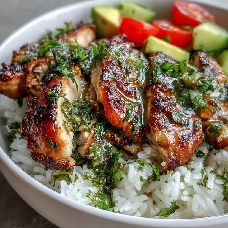 Assembled Chimichurri Chicken Bowl with vibrant green chimichurri sauce, fresh avocado, and zesty lime wedges ready for a healthy Latin-inspired meal.
