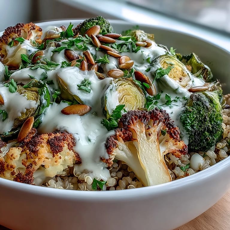 Hearty roasted brassica bowl with crisp-tender vegetables, fluffy grains, and fresh parsley garnish for a wholesome main dish.  