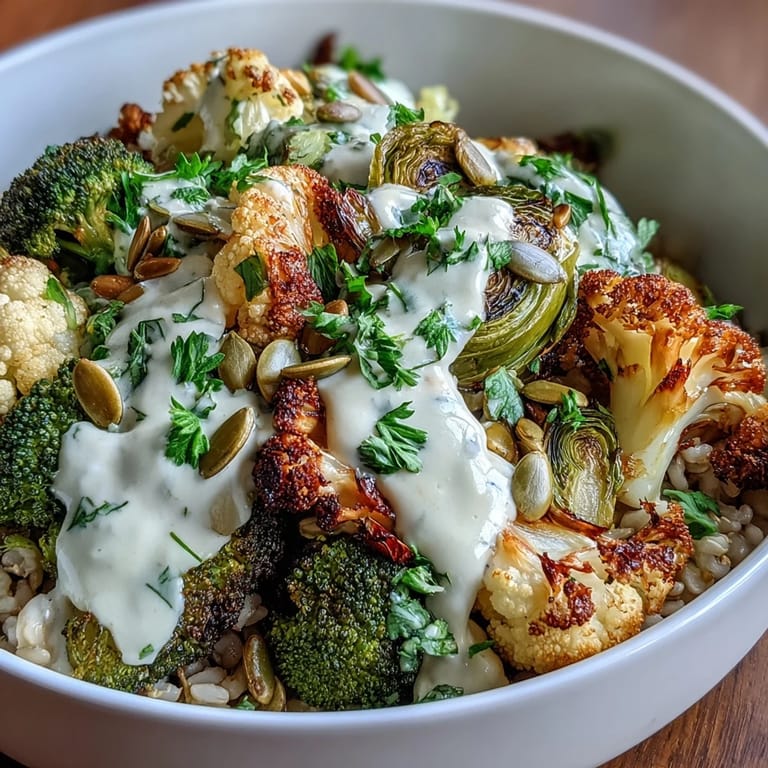 Nourishing roasted brassica bowl featuring caramelized Brussels sprouts, toasted pumpkin seeds, and a zesty tahini-lemon dressing over warm grains.