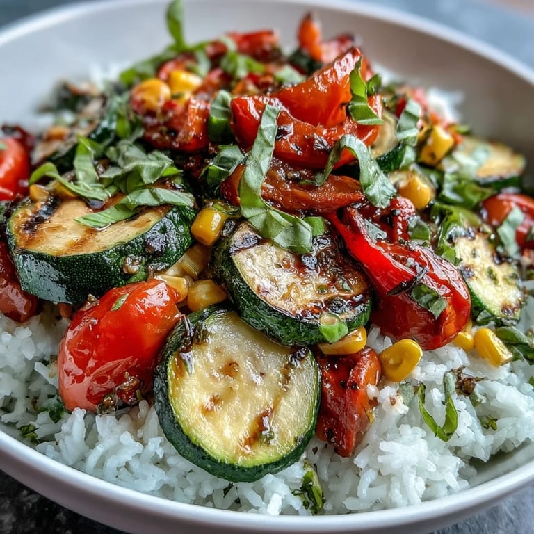 Savory Summer Vegetable Bowl with bright sautéed veggies and fragrant basil, ready to enjoy as a healthy, vegetarian main dish.