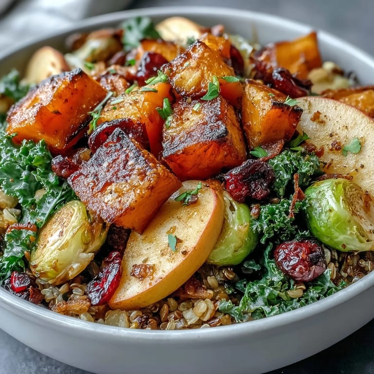 Colorful autumn ingredients in the Fall Vegetable Bowl include roasted vegetables, apples, and grains, garnished with pumpkin seeds and cranberries.