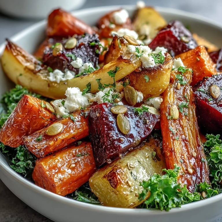 A close-up of Winter Root Vegetable Bowl with toasted pumpkin seeds, crumbled feta, and warm tangy dressing drizzled over.  