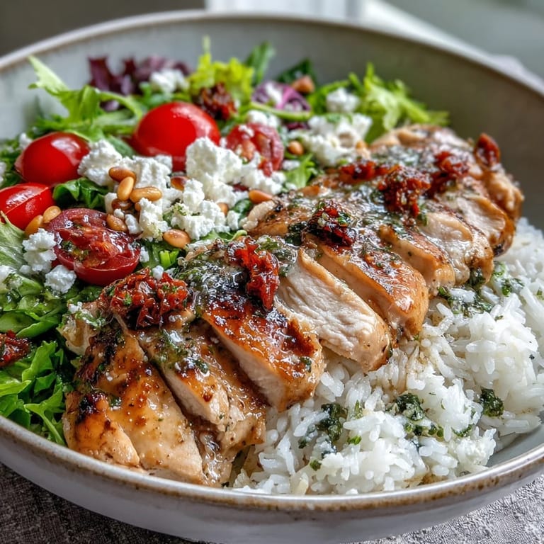 Sun-Dried Tomato Chicken Bowl with juicy chicken, crisp salad greens, toasted pine nuts, and feta over warm fluffy rice.