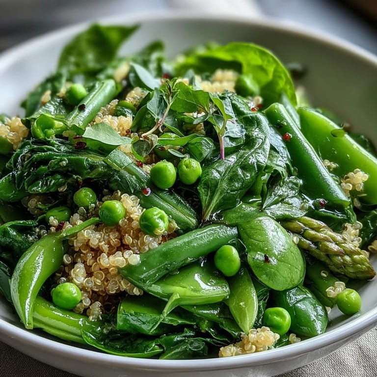A nourishing Spring Green Bowl with blanched green beans and peas, topped with fresh herbs and seeds over warm grains for a wholesome meal.