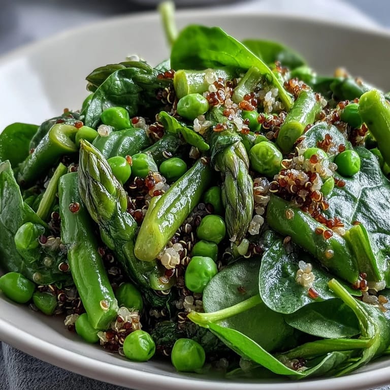 Close-up of a Spring Green Bowl featuring sautéed spinach, asparagus, and a glossy lemon dressing, ready for a light, spring-inspired dinner.