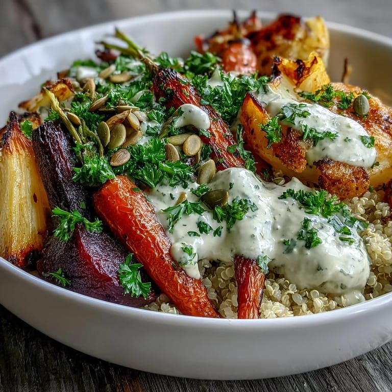 Hearty roasted root vegetable bowl featuring tender beets and carrots over quinoa, finished with savory tahini sauce and toasted pumpkin seeds.