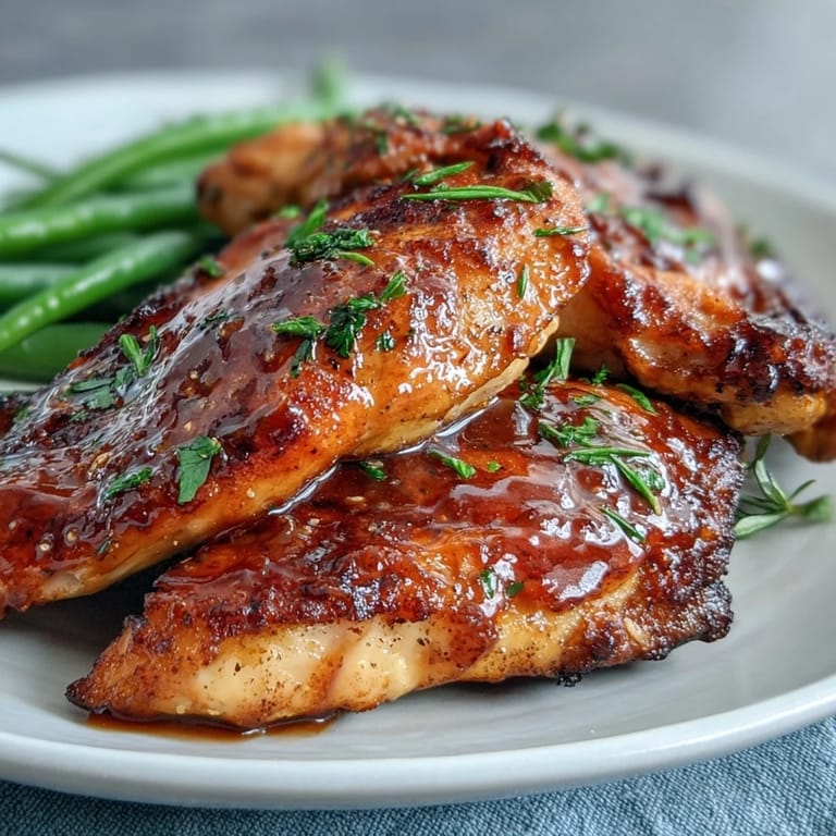 Oven-baked honey mustard chicken with vibrant green beans, served with a glossy honey-mustard drizzle for a simple, satisfying dish.
