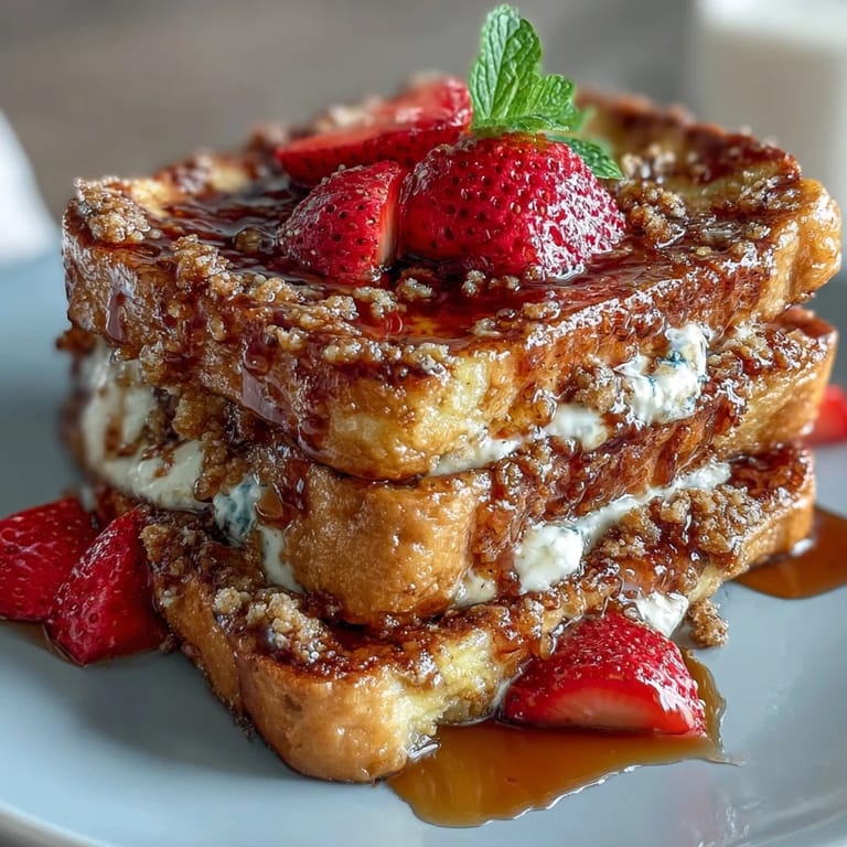 Baked strawberry French toast casserole topped with buttery streusel and served warm with maple syrup.