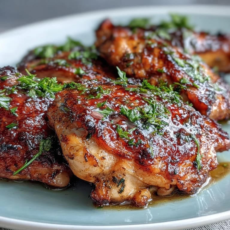 Juicy bone-in chicken thighs coated in sweet and savory honey garlic sauce, baked to perfection and garnished with herbs.