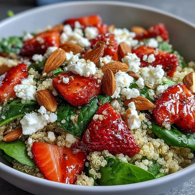 Fresh strawberry feta quinoa salad served in a wooden bowl, topped with toasted almonds and creamy cheese crumbles.  