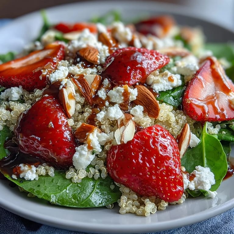 Bright strawberry feta quinoa salad with crisp spinach, red onion, and a glossy balsamic vinaigrette for a refreshing spring meal.
