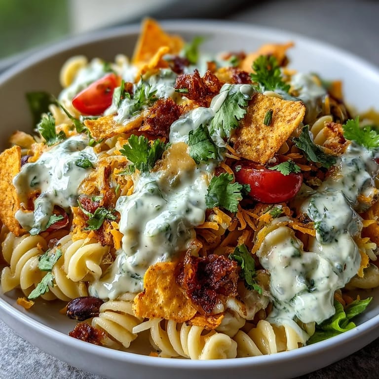 Creamy avocado ranch dressing coats taco-seasoned pasta salad with black beans, corn, and fresh vegetables.
