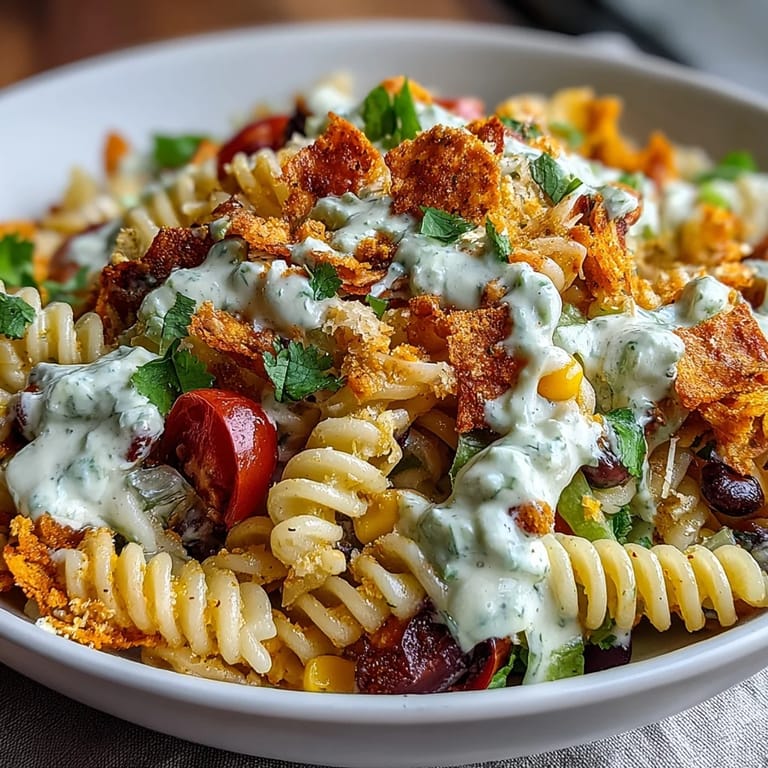 Vibrant Tex-Mex pasta salad with Doritos, cheddar cheese, and avocado ranch dressing for a zesty meal.
