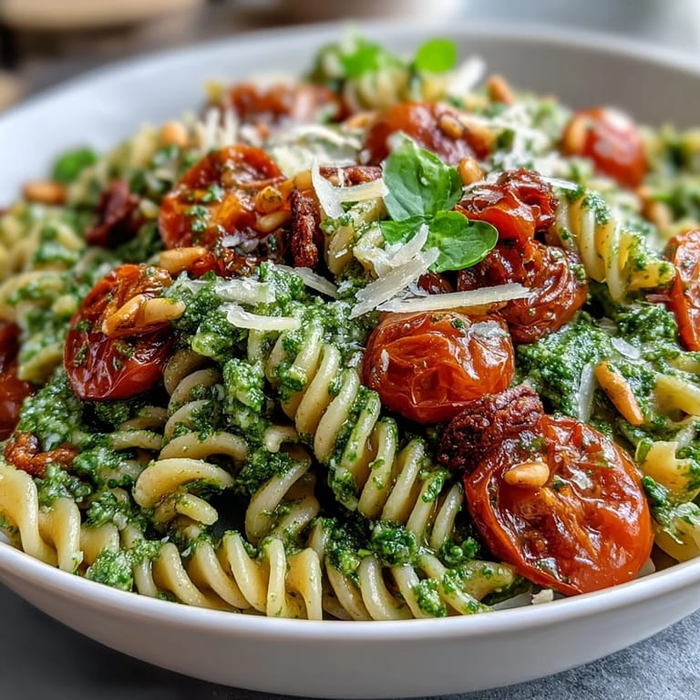 Vibrant vegetarian pasta salad featuring basil pesto, parmesan, and juicy cherry tomatoes, perfect for picnics.