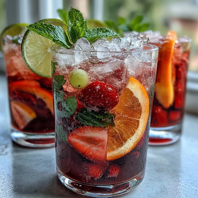 Vibrant white grape and citrus sangria mocktail, featuring orange, lemon, lime, and strawberries in a large pitcher.