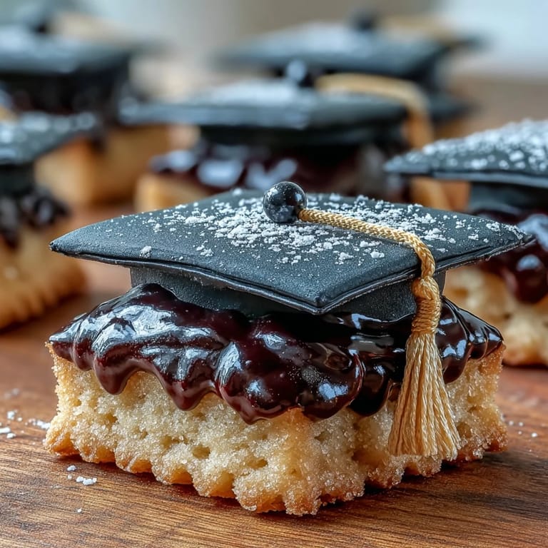 Easy Graduation Cap Cookies with Royal Icing: Classic graduation cap-shaped cookies decorated with royal icing and mini candy tassels for celebrations.