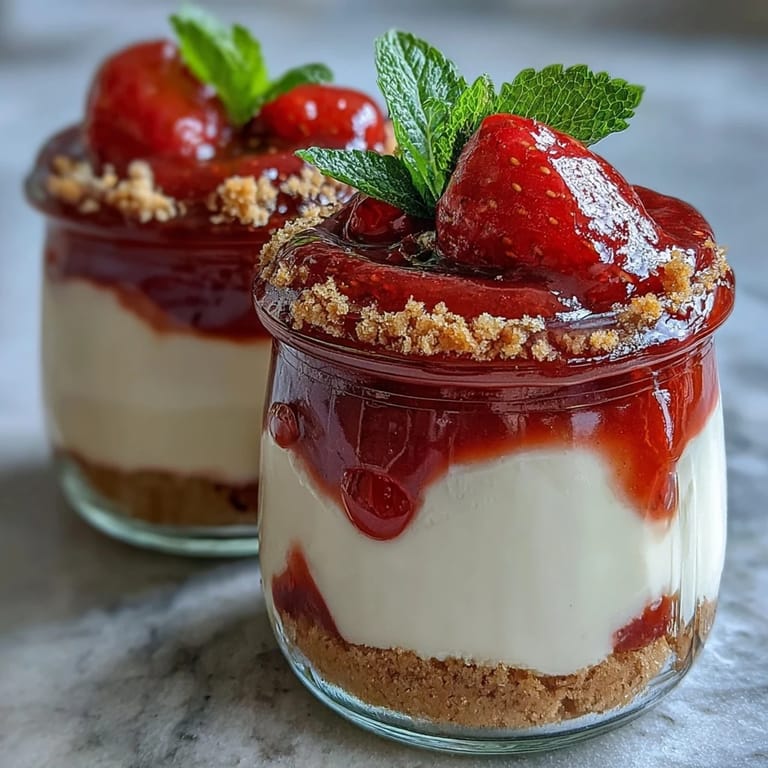 Delightful No-Bake Strawberry Cheesecake Jars topped with vibrant strawberry compote and garnished with fresh mint.