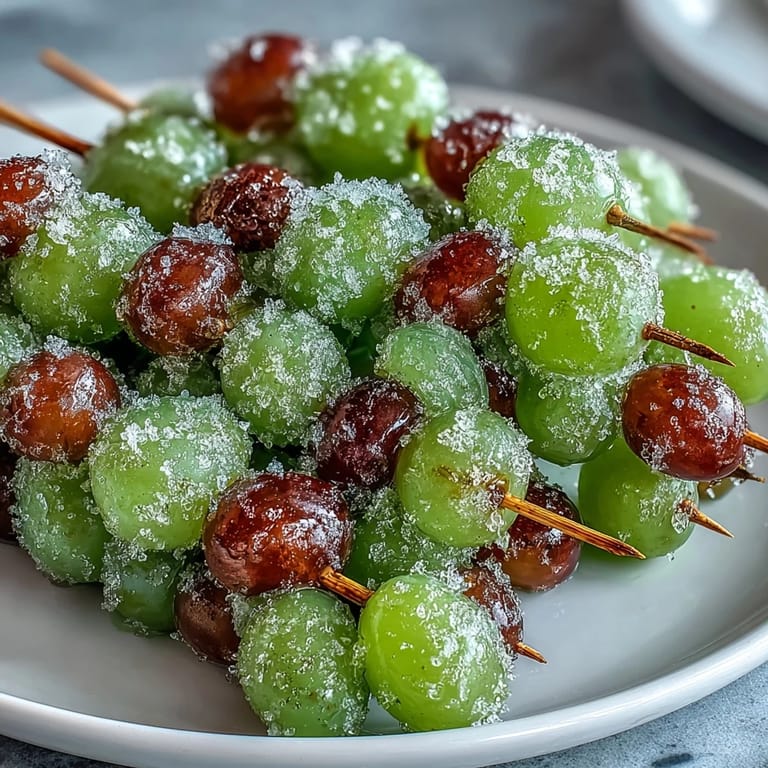 Colorful skewers of icy grapes rolled in tangy lime sugar, offering a burst of sweet-tart flavor in every bite.  