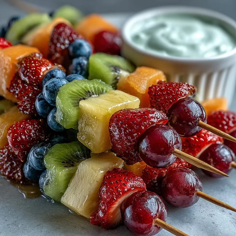 Colorful fruit skewers arranged in rainbow order—strawberry, pineapple, kiwi, blueberry, and grape—paired with a luscious honey-yogurt dip for dipping.