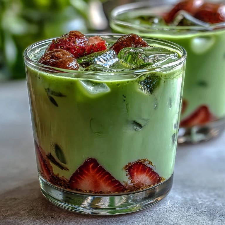 Refreshing vegan strawberry matcha latte featuring bright red strawberry layer and vibrant green matcha in a clear glass.