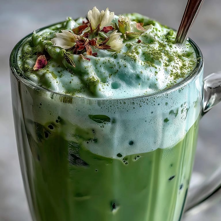 Elegant Mother's Day iced matcha latte featuring silky vanilla cold foam, garnished with matcha powder and served over ice cubes.