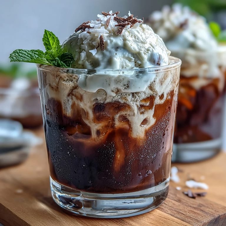 Tropical coconut cold brew coffee meets velvety vanilla bean ice cream in this indulgent summer dessert beverage, garnished with fresh mint.  