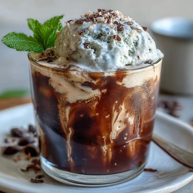Refreshing coconut cold brew float featuring smooth coffee, luscious vanilla bean ice cream, and a sprinkle of dark chocolate shavings for extra decadence.