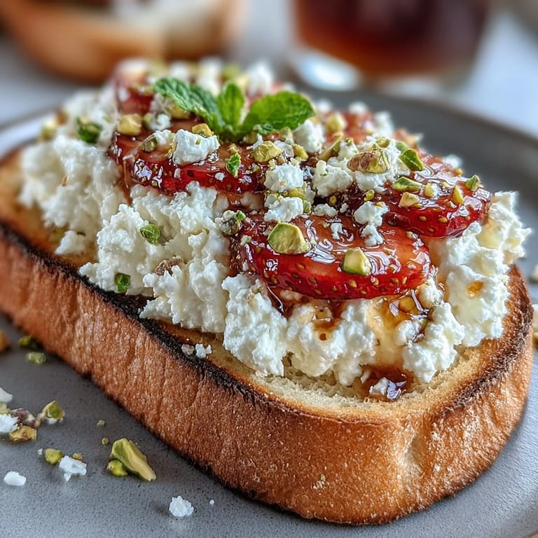 Elegant strawberry honey ricotta toast with a sprinkle of pistachios and lemon zest, perfect for a light snack or brunch.