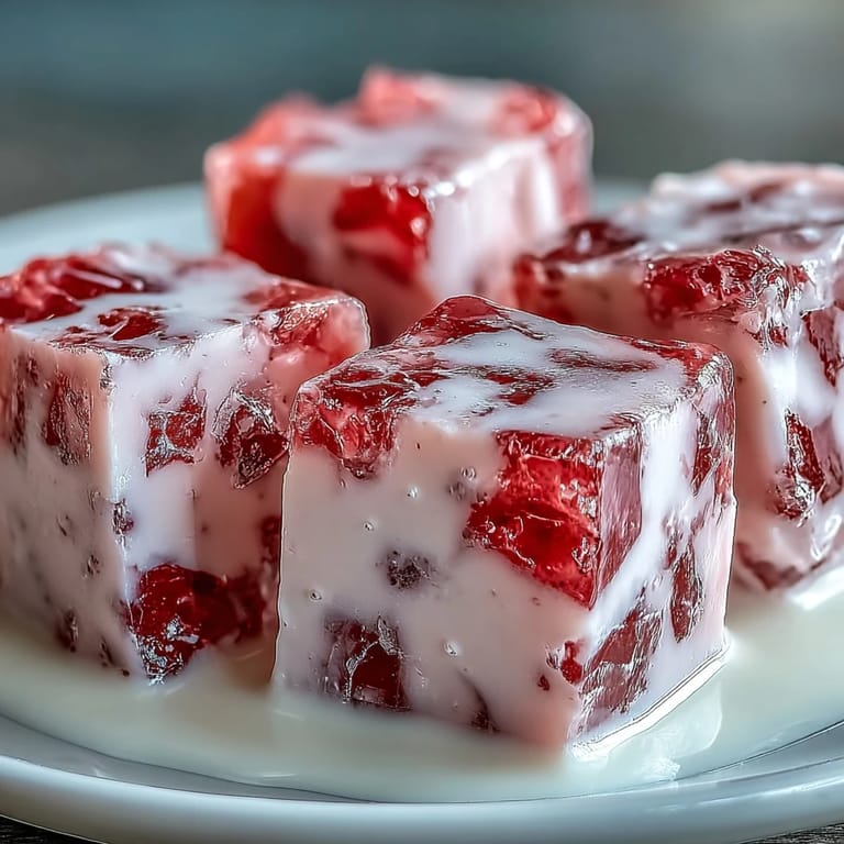 Fragrant strawberry and rose gelatin cubes in silky cream for an elegant, eye-catching celebration cake.  