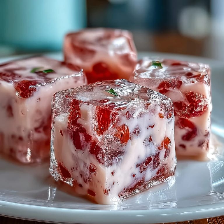 Refreshing strawberry and rose gelatin mosaic cake with creamy layers, perfect for summer gatherings.