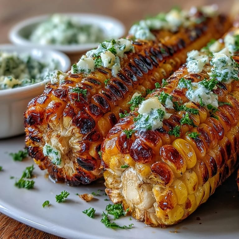 Festive Memorial Day grilled corn platter with charred kernels and an array of colorful herbed butter options.