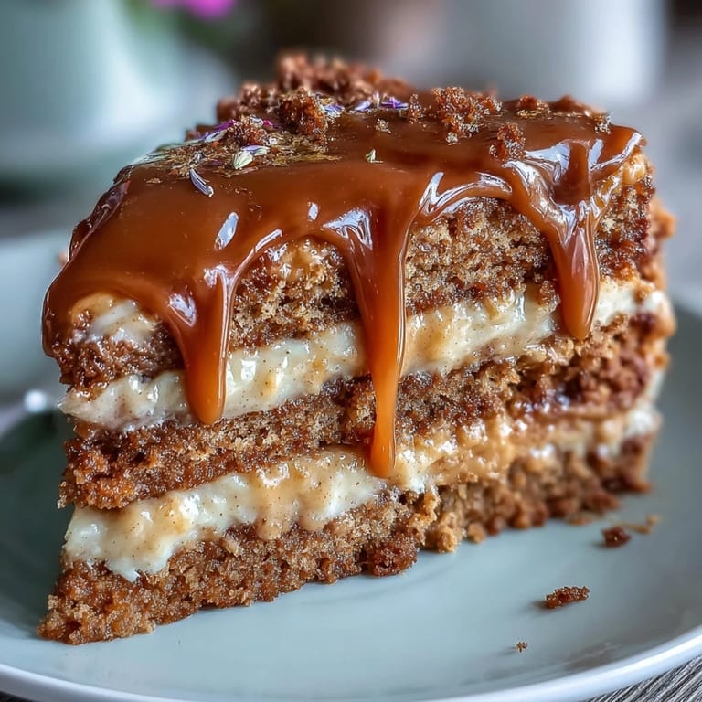 Butterscotch layer cake decorated with edible flowers, herbs, and gold leaf for a grounded, elegant look
