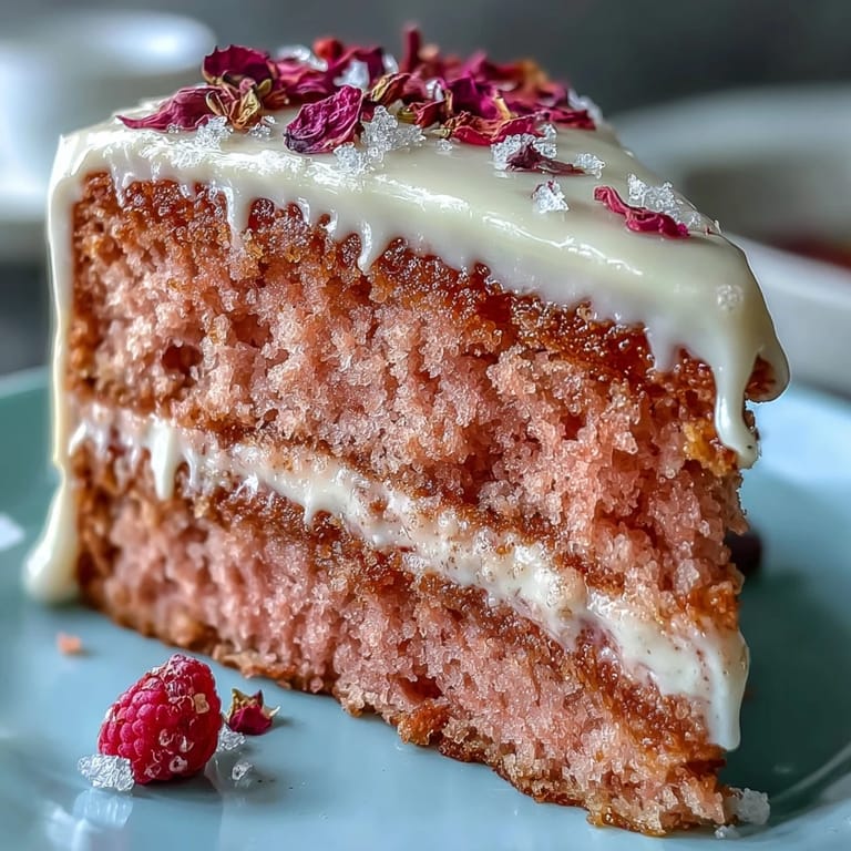 A beautiful pink rosé velvet cake, frosted elegantly with a shimmering gold drip.