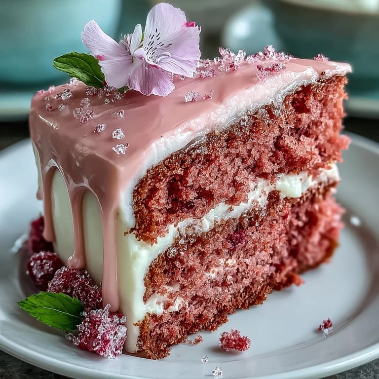 Delicate rosé velvet cake, showcasing a rich cream cheese frosting and artful gold accent.