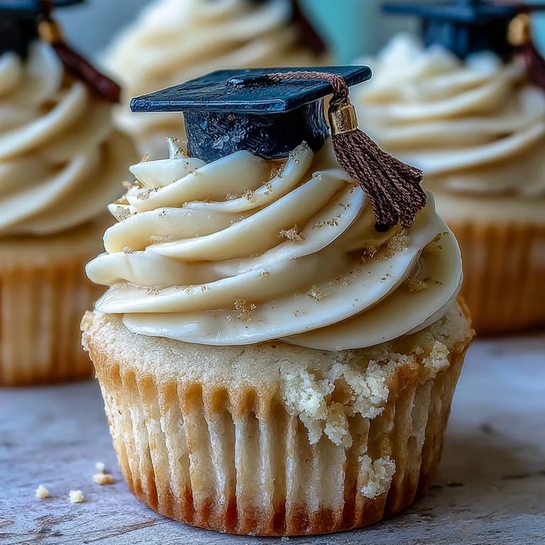Festive vanilla cupcakes topped with creamy buttercream and handmade black and gold fondant graduation caps, ideal for party dessert tables.