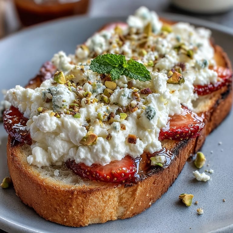 Rustic sourdough layered with smooth ricotta, juicy strawberry slices, sweet honey, and chopped pistachios for a satisfying bite.