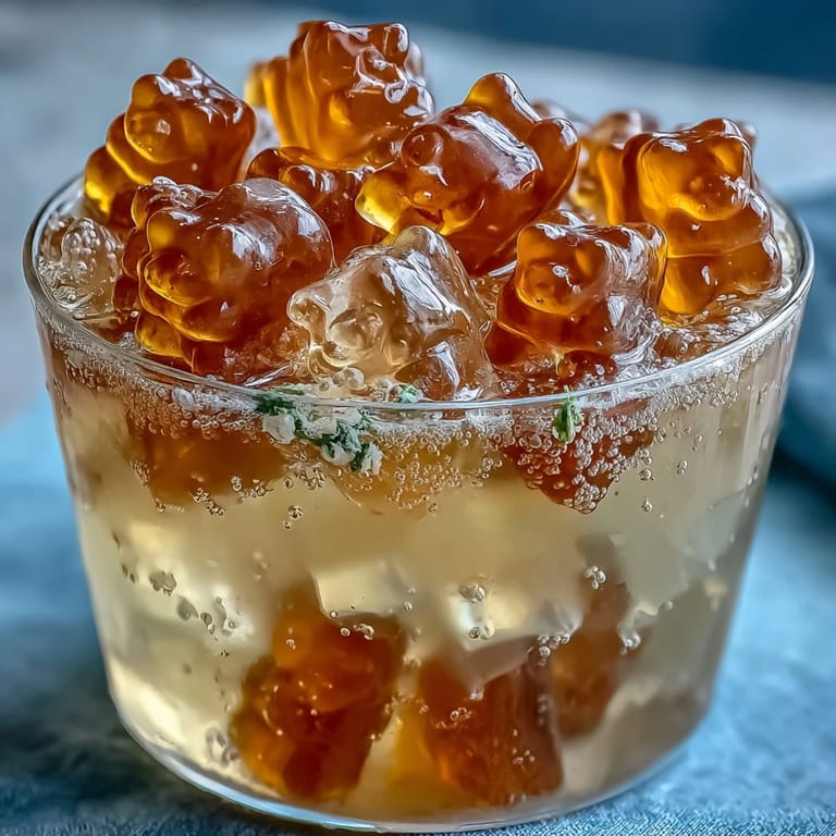 Bright and playful Gummy Bear Lemonade Jelly Cups featuring a refreshing lemon gelatin base and colorful gummy bears in clear serving cups.