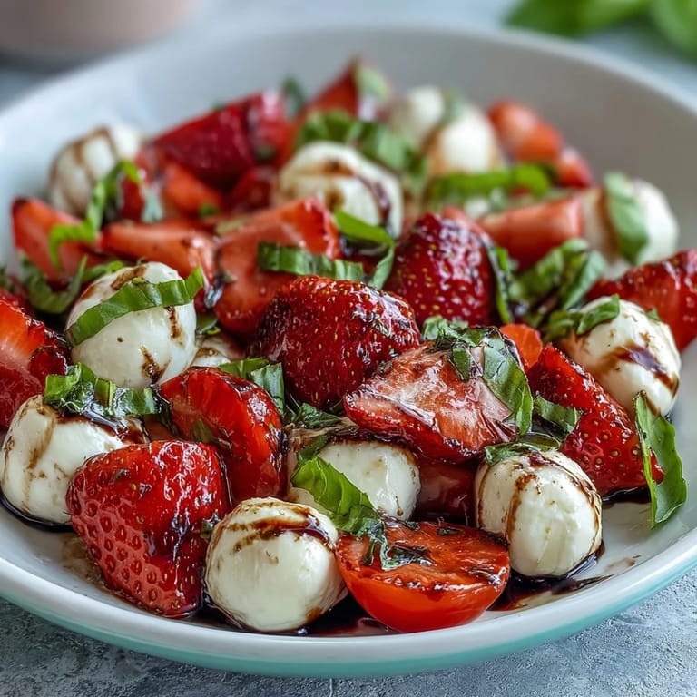 A bright, easy Fresh Strawberry Caprese Salad, perfect for summer gatherings.