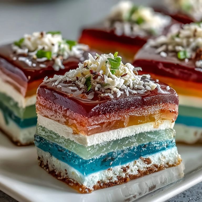 Delectable agar-agar rainbow jelly cake slice, artfully presented with rich coconut cream.