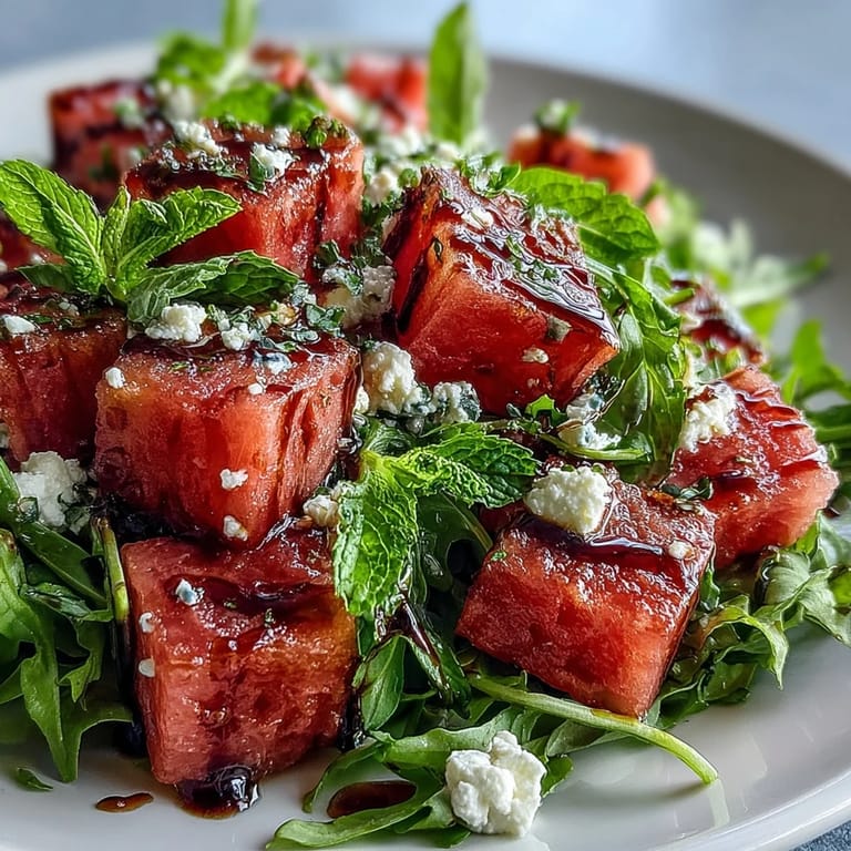 Close-up of refreshing Watermelon Feta Arugula Salad, drizzled with sweet balsamic glaze.