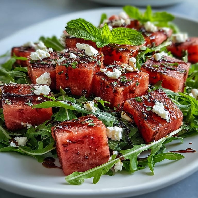 An easy-to-make Watermelon Feta Arugula Salad, bursting with fresh flavors and textures.
