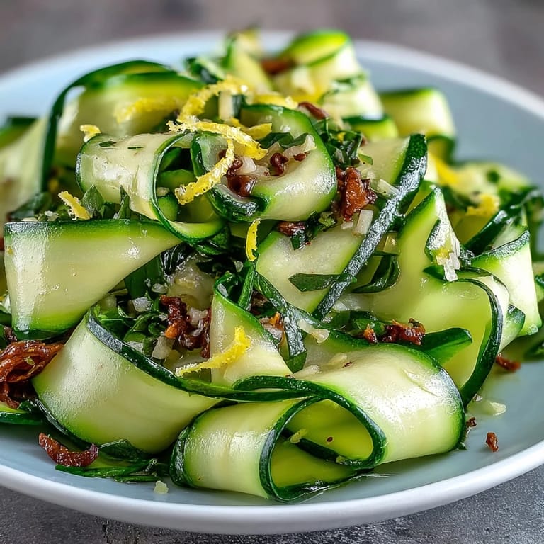 Bright Shaved Zucchini Ribbon Salad with Lemon and Parmesan, topped with crunchy Parmesan shavings.