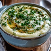 Golden roasted parsnips, onion, and garlic blended into a creamy Parsnip and Herb Soup, garnished with fresh chives and parsley.
