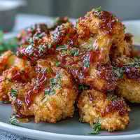 Golden-brown Crunchy Baked Hot Honey Cauliflower bites glistening with sticky glaze, served in a rustic bowl.