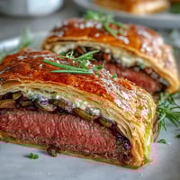 Perfectly seared beef fillet wrapped in prosciutto and mushroom duxelles, encased in golden, flaky puff pastry, showcasing this Beef Wellington.