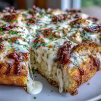 Golden, crispy Marry Me Chicken Pizza topped with creamy chicken, sun-dried tomatoes, and melted mozzarella.