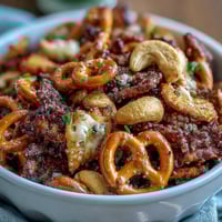 Golden-brown Everything Ranch Cheese and Pretzel Snack Mix glistening with melted butter and seasoning on a baking sheet.