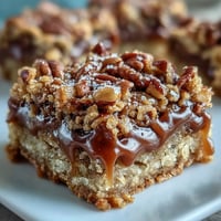 Golden-brown Decadent Sweet and Chewy Turtle Bars with gooey caramel and melted chocolate.